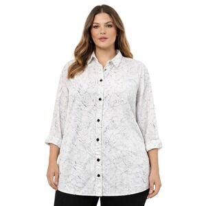 Maggie Barnes Textured Button Shirt Plus 20W Roll Tab Resortwear Tropical Vaca